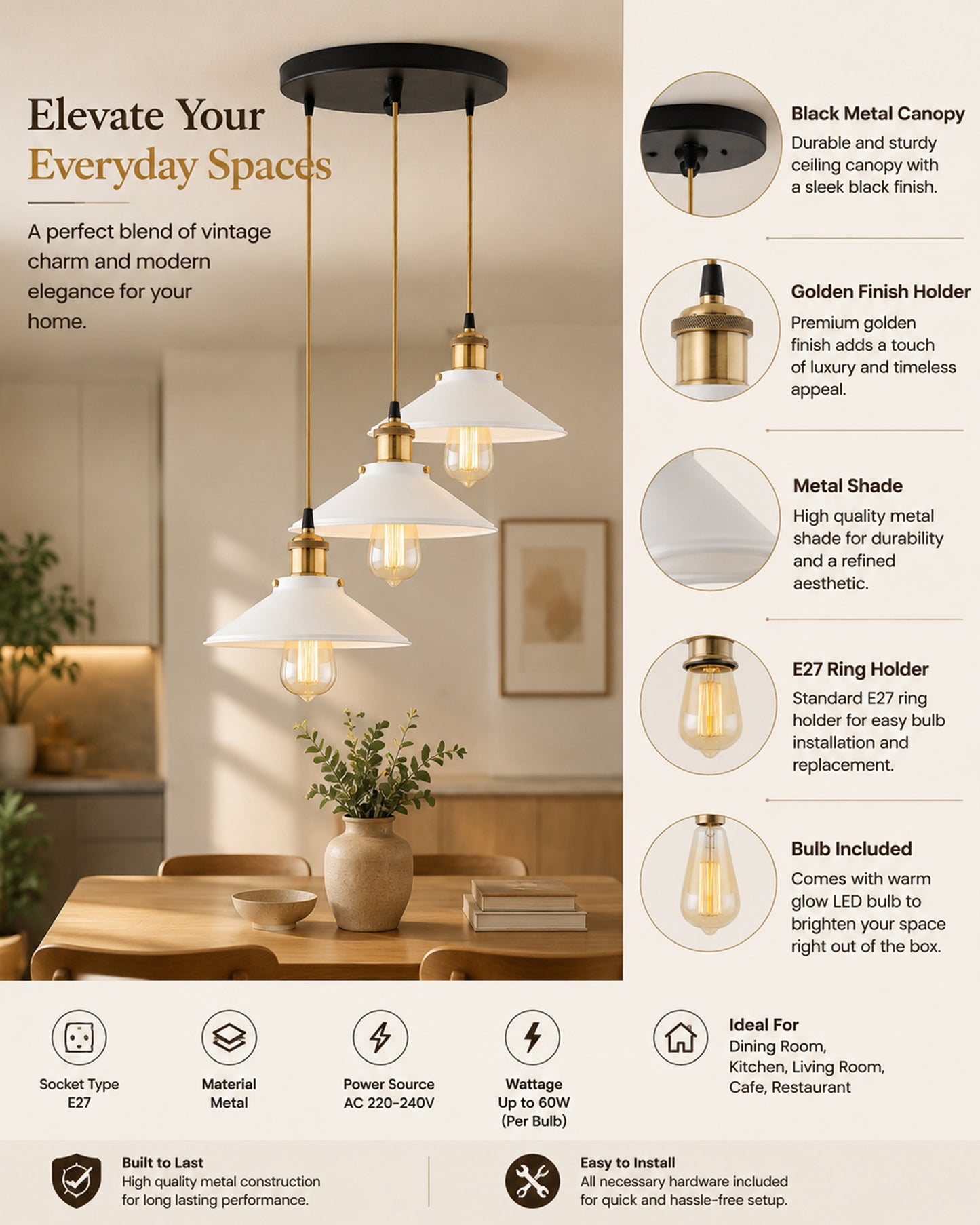 3-Lights Round White Cone Shade Cluster Chandelier Hanging Light, Decorative, Black, Kitchen Area and Dining Room Light, LED/Filament Light