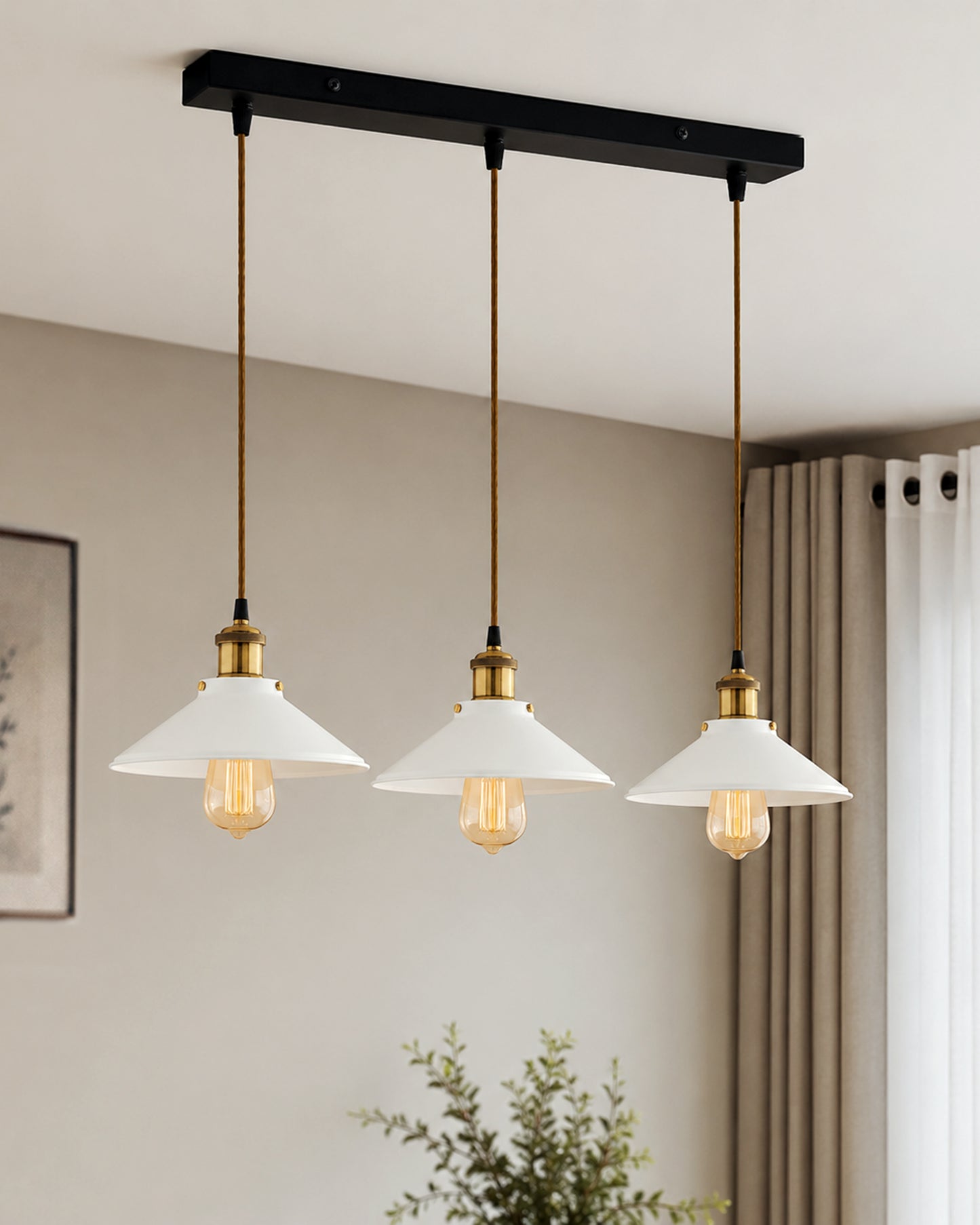 3-Lights Linear White Cone Shade Cluster Chandelier Hanging Light, Decorative, Black, Kitchen Area and Dining Room Light, LED/Filament Light