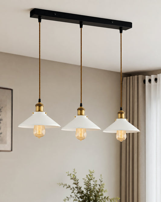3-Lights Linear White Cone Shade Cluster Chandelier Hanging Light, Decorative, Black, Kitchen Area and Dining Room Light, LED/Filament Light
