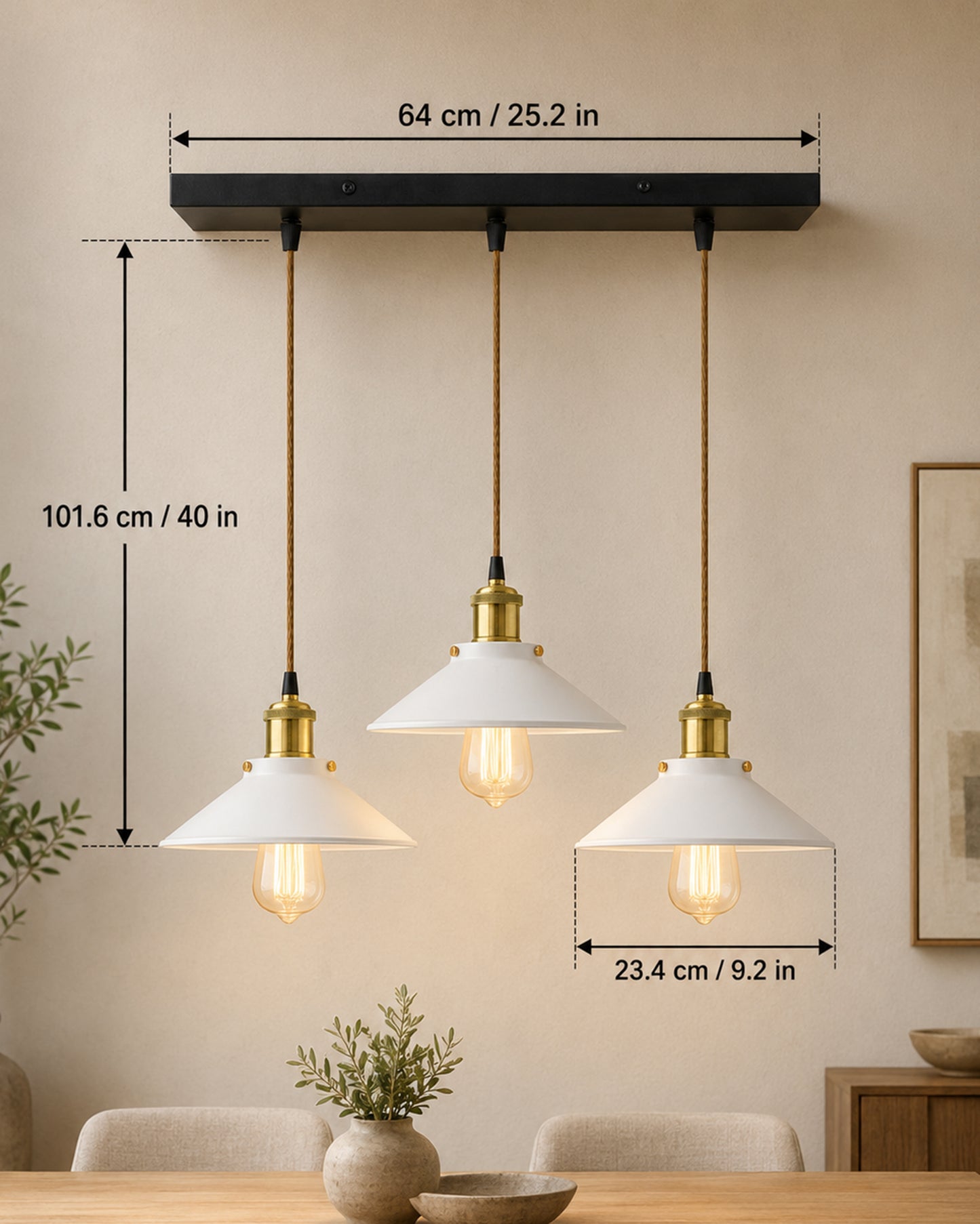 3-Lights Linear White Cone Shade Cluster Chandelier Hanging Light, Decorative, Black, Kitchen Area and Dining Room Light, LED/Filament Light