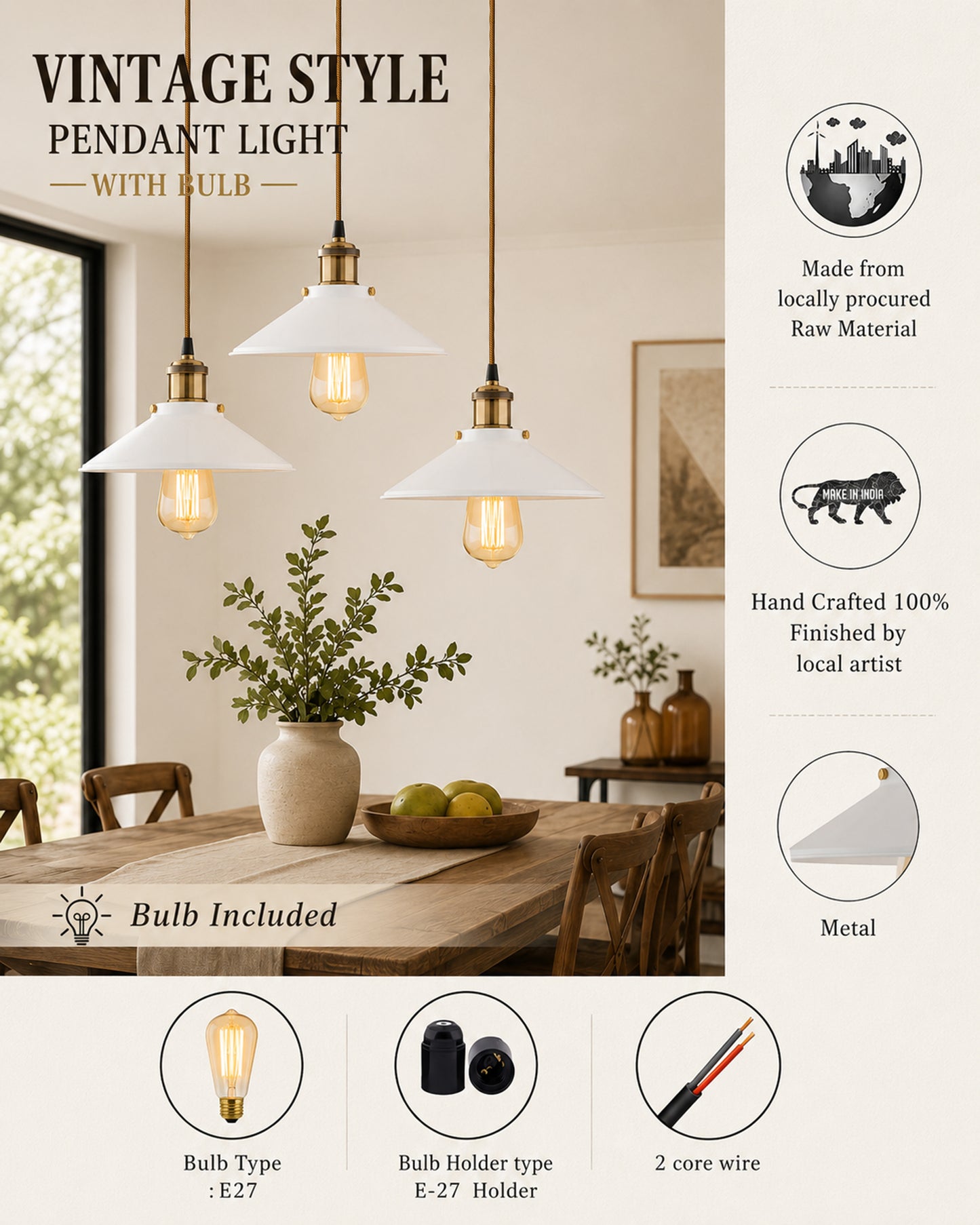 3-Lights Linear White Cone Shade Cluster Chandelier Hanging Light, Decorative, Black, Kitchen Area and Dining Room Light, LED/Filament Light