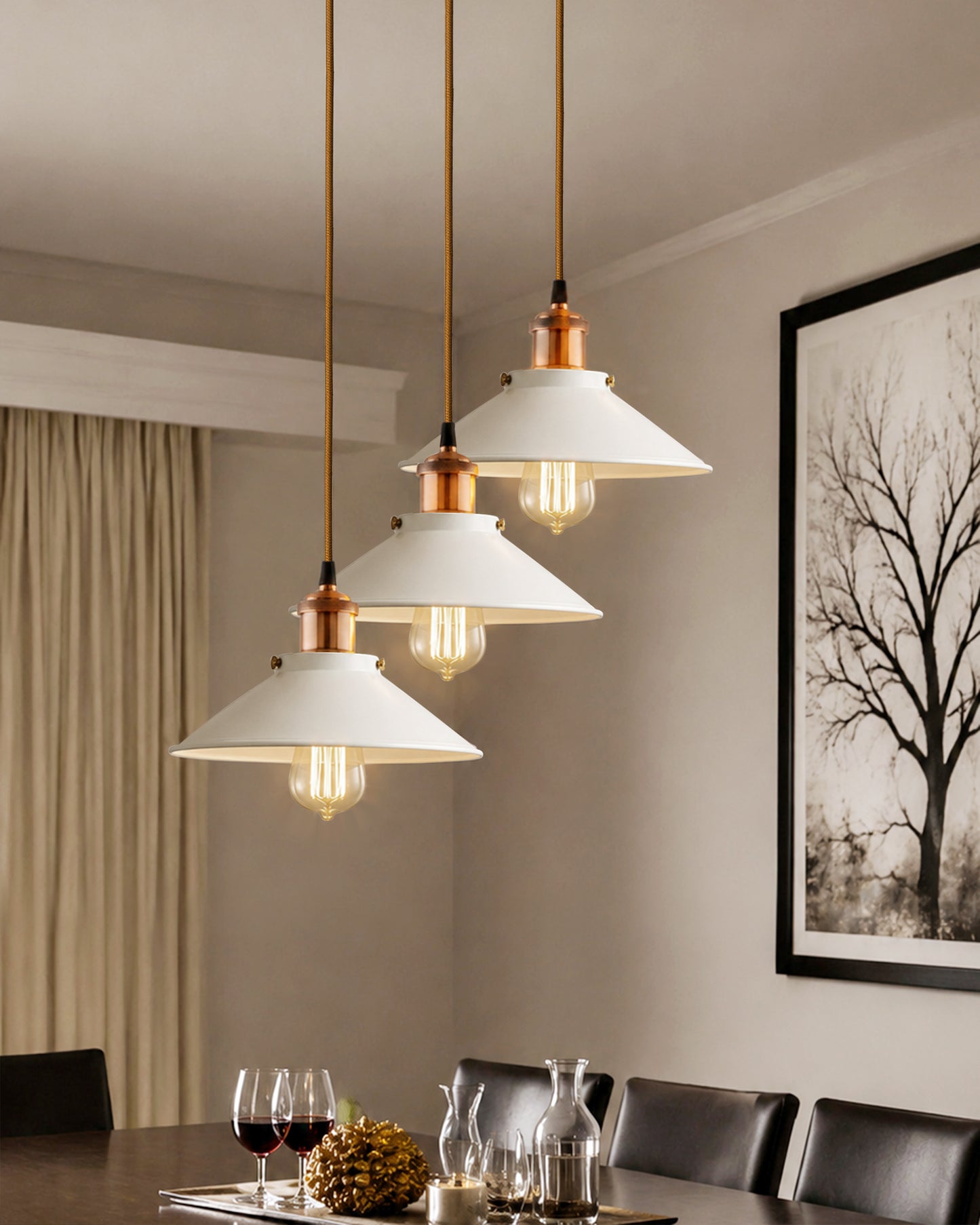 3-Lights Round White Cone Shade Cluster Chandelier Hanging Light, Decorative, Black, Kitchen Area and Dining Room Light, LED/Filament Light
