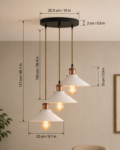3-Lights Round White Cone Shade Cluster Chandelier Hanging Light, Decorative, Black, Kitchen Area and Dining Room Light, LED/Filament Light
