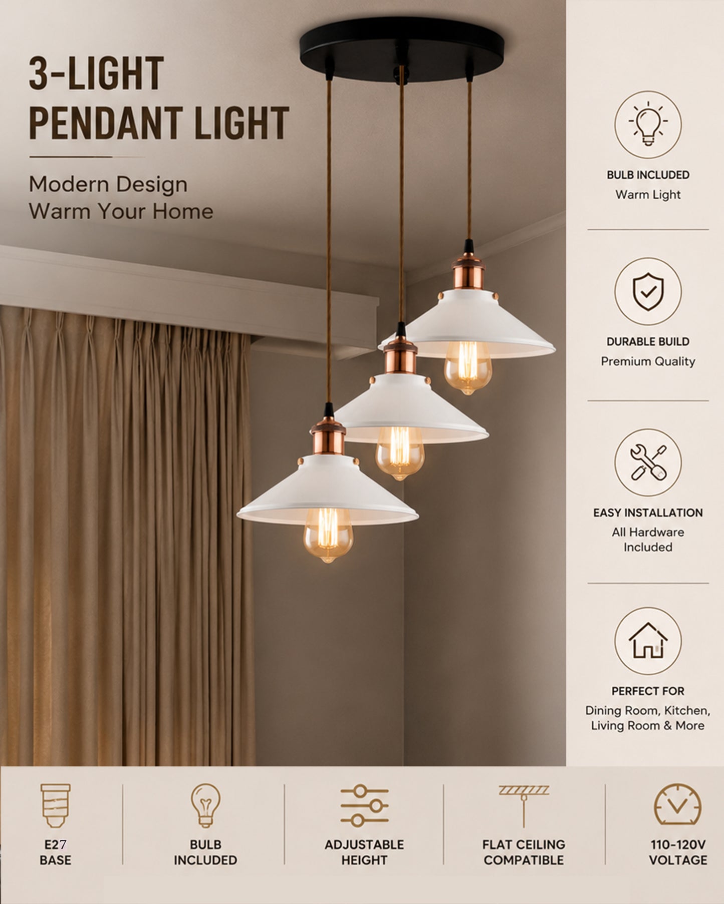 3-Lights Round White Cone Shade Cluster Chandelier Hanging Light, Decorative, Black, Kitchen Area and Dining Room Light, LED/Filament Light