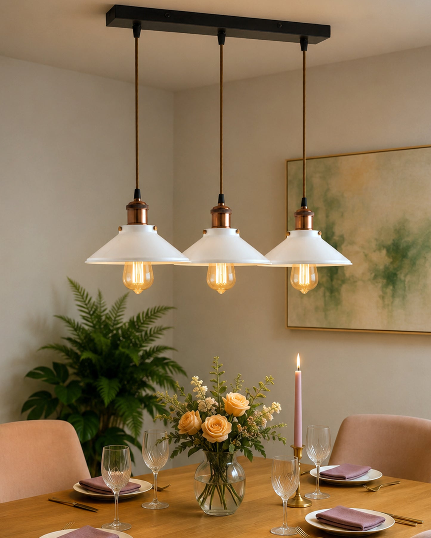 3-Lights Linear White Cone Shade Cluster Chandelier Hanging Light, Decorative, Black, Kitchen Area and Dining Room Light, LED/Filament Light