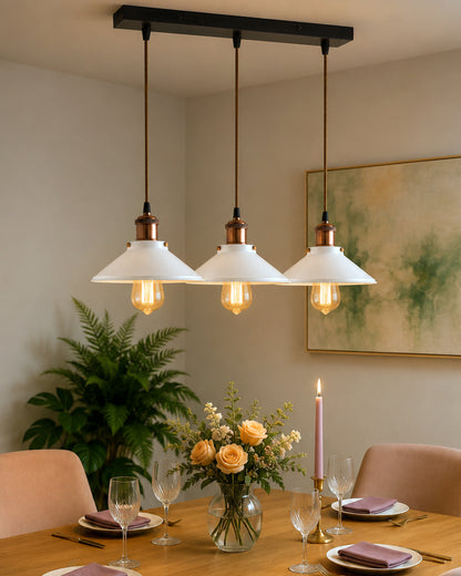 3-Lights Linear White Cone Shade Cluster Chandelier Hanging Light, Decorative, Black, Kitchen Area and Dining Room Light, LED/Filament Light