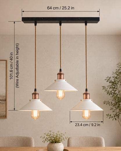 3-Lights Linear White Cone Shade Cluster Chandelier Hanging Light, Decorative, Black, Kitchen Area and Dining Room Light, LED/Filament Light