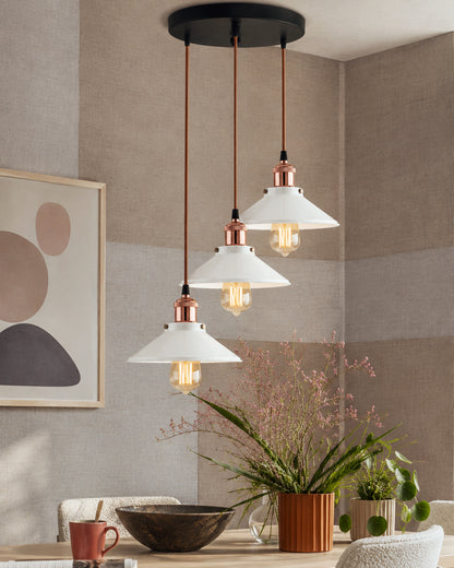 3-Lights Round White Cone Shade Cluster Chandelier Hanging Light, Decorative, Black, Kitchen Area and Dining Room Light, LED/Filament Light