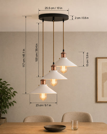 3-Lights Round White Cone Shade Cluster Chandelier Hanging Light, Decorative, Black, Kitchen Area and Dining Room Light, LED/Filament Light