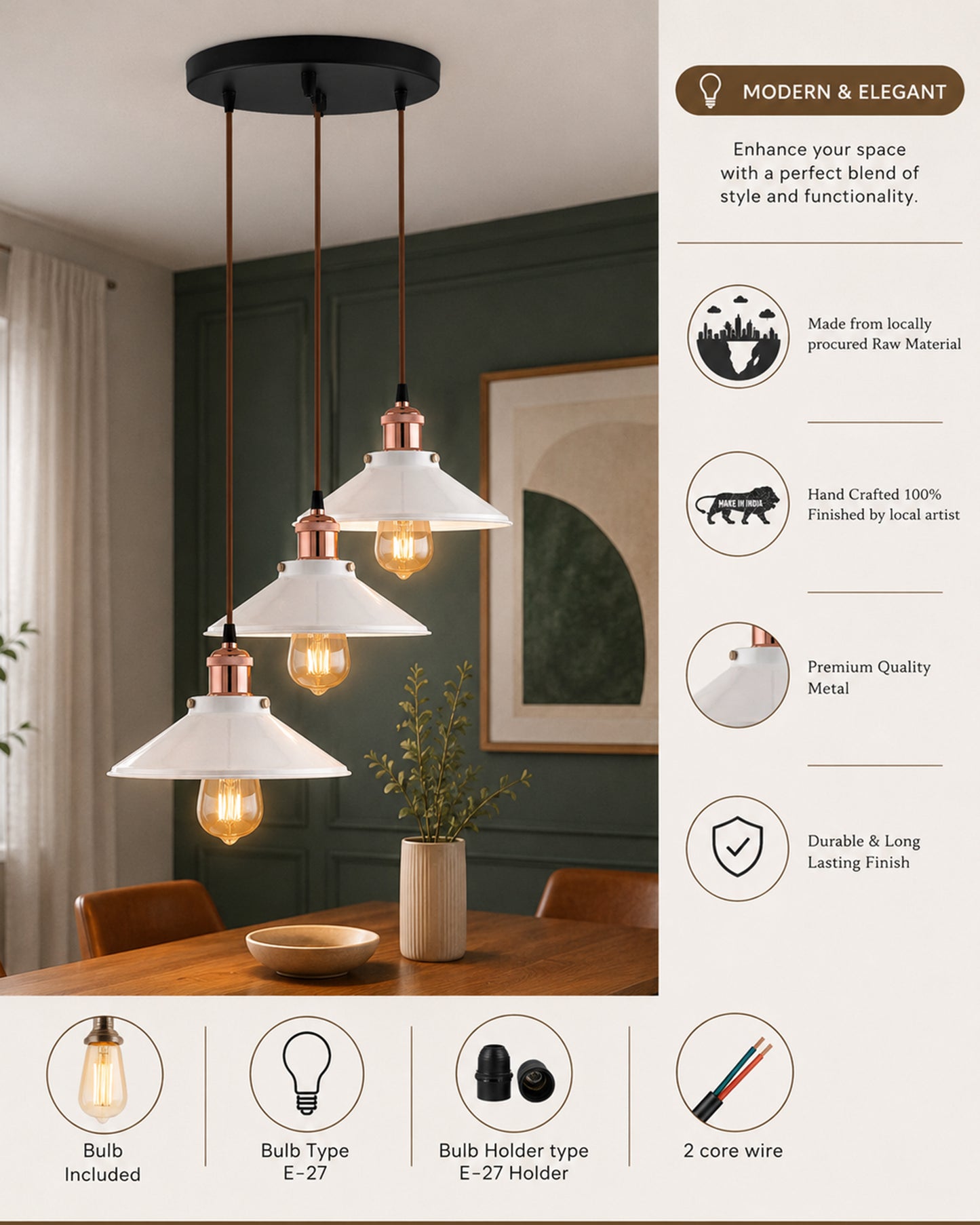 3-Lights Round White Cone Shade Cluster Chandelier Hanging Light, Decorative, Black, Kitchen Area and Dining Room Light, LED/Filament Light