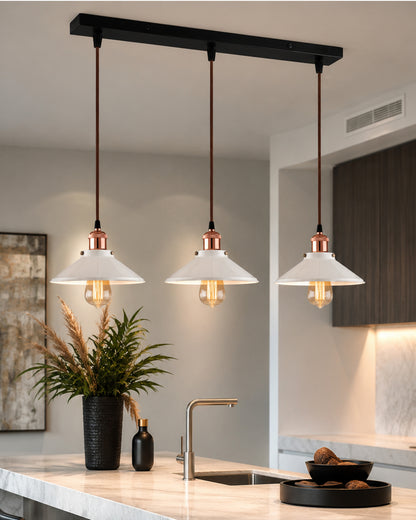 3-Lights Linear White Cone Shade Cluster Chandelier Hanging Light, Decorative, Black, Kitchen Area and Dining Room Light, LED/Filament Light