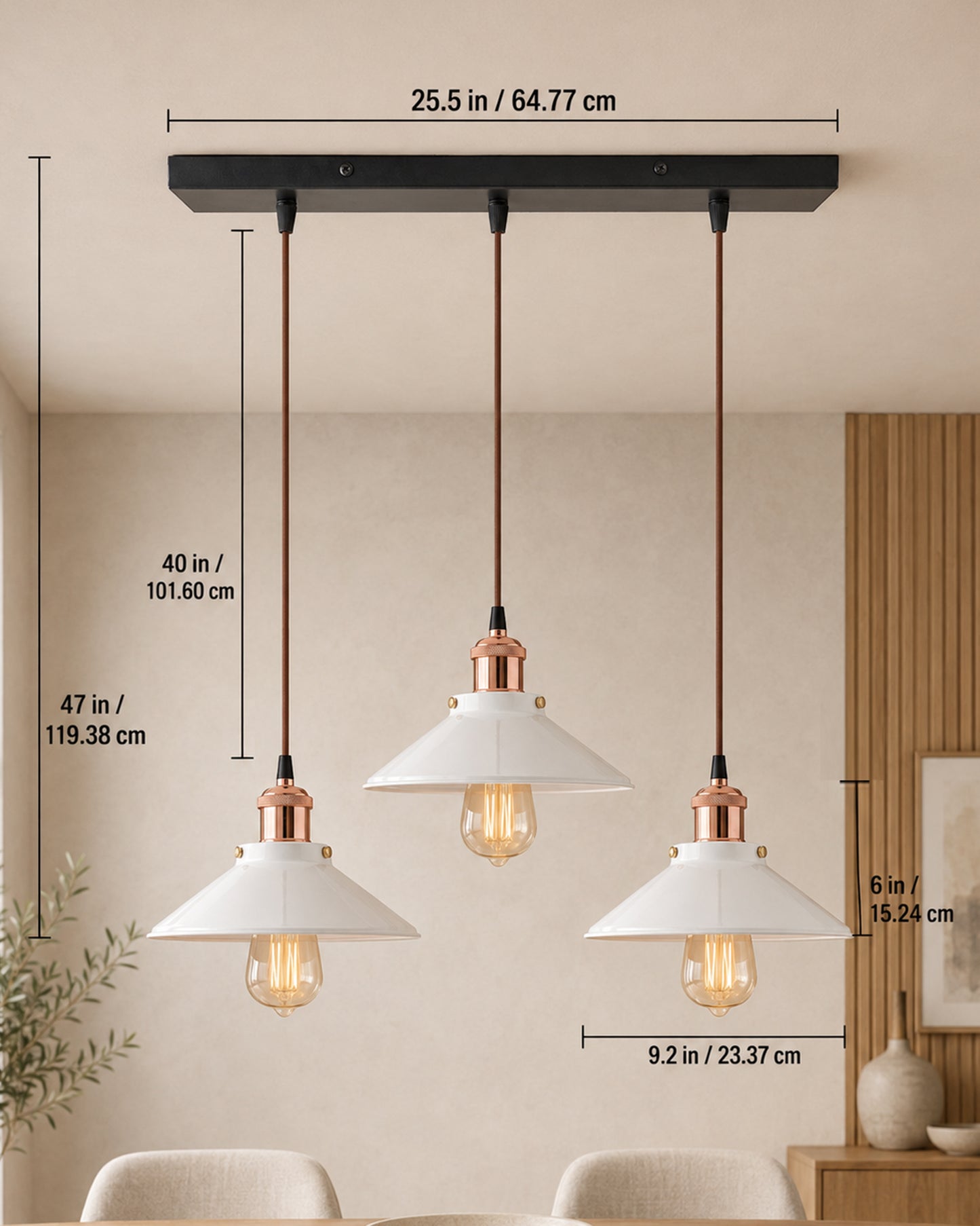 3-Lights Linear White Cone Shade Cluster Chandelier Hanging Light, Decorative, Black, Kitchen Area and Dining Room Light, LED/Filament Light