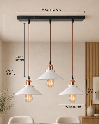 3-Lights Linear White Cone Shade Cluster Chandelier Hanging Light, Decorative, Black, Kitchen Area and Dining Room Light, LED/Filament Light