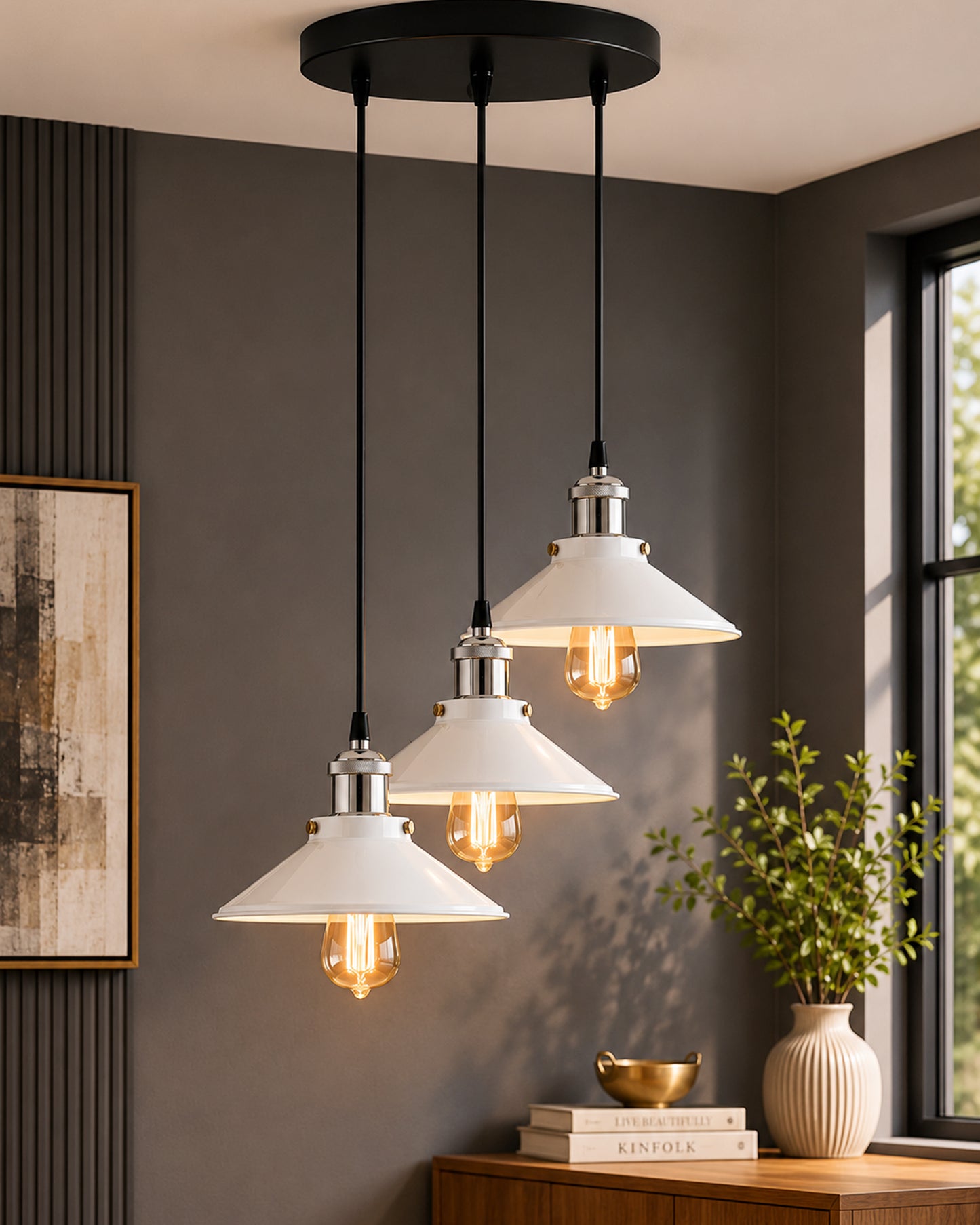 3-Lights Round White Cone Shade Cluster Chandelier Hanging Light, Decorative, Black, Kitchen Area and Dining Room Light, LED/Filament Light