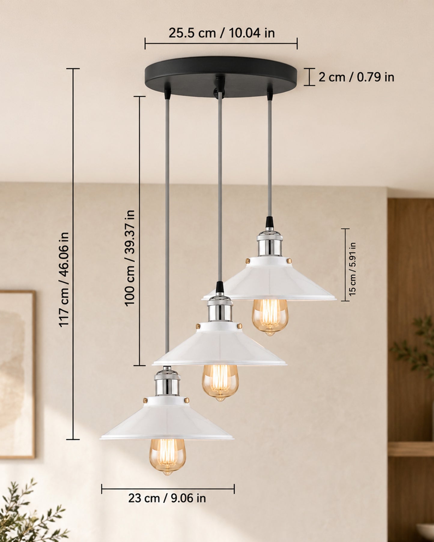 3-Lights Round White Cone Shade Cluster Chandelier Hanging Light, Decorative, Black, Kitchen Area and Dining Room Light, LED/Filament Light