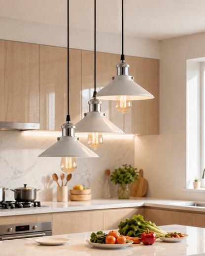 3-Lights Round White Cone Shade Cluster Chandelier Hanging Light, Decorative, Black, Kitchen Area and Dining Room Light, LED/Filament Light