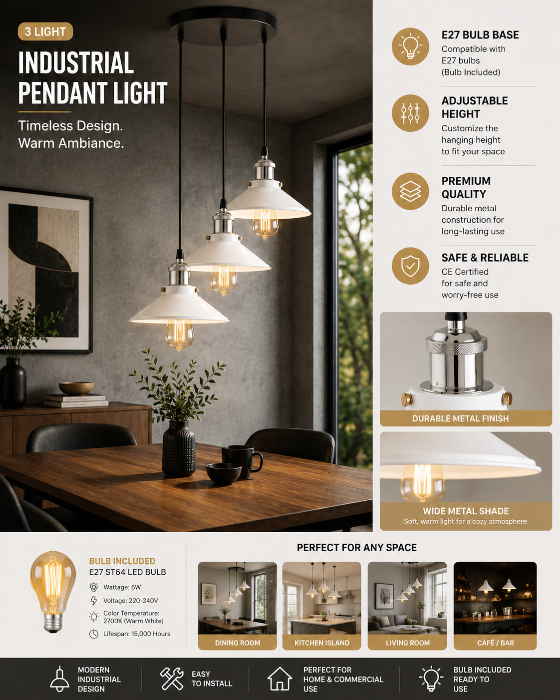 3-Lights Round White Cone Shade Cluster Chandelier Hanging Light, Decorative, Black, Kitchen Area and Dining Room Light, LED/Filament Light