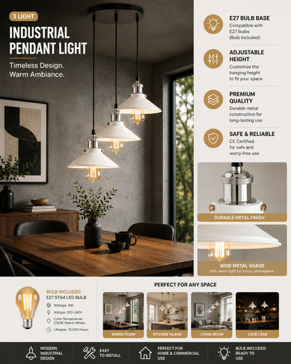 3-Lights Round White Cone Shade Cluster Chandelier Hanging Light, Decorative, Black, Kitchen Area and Dining Room Light, LED/Filament Light