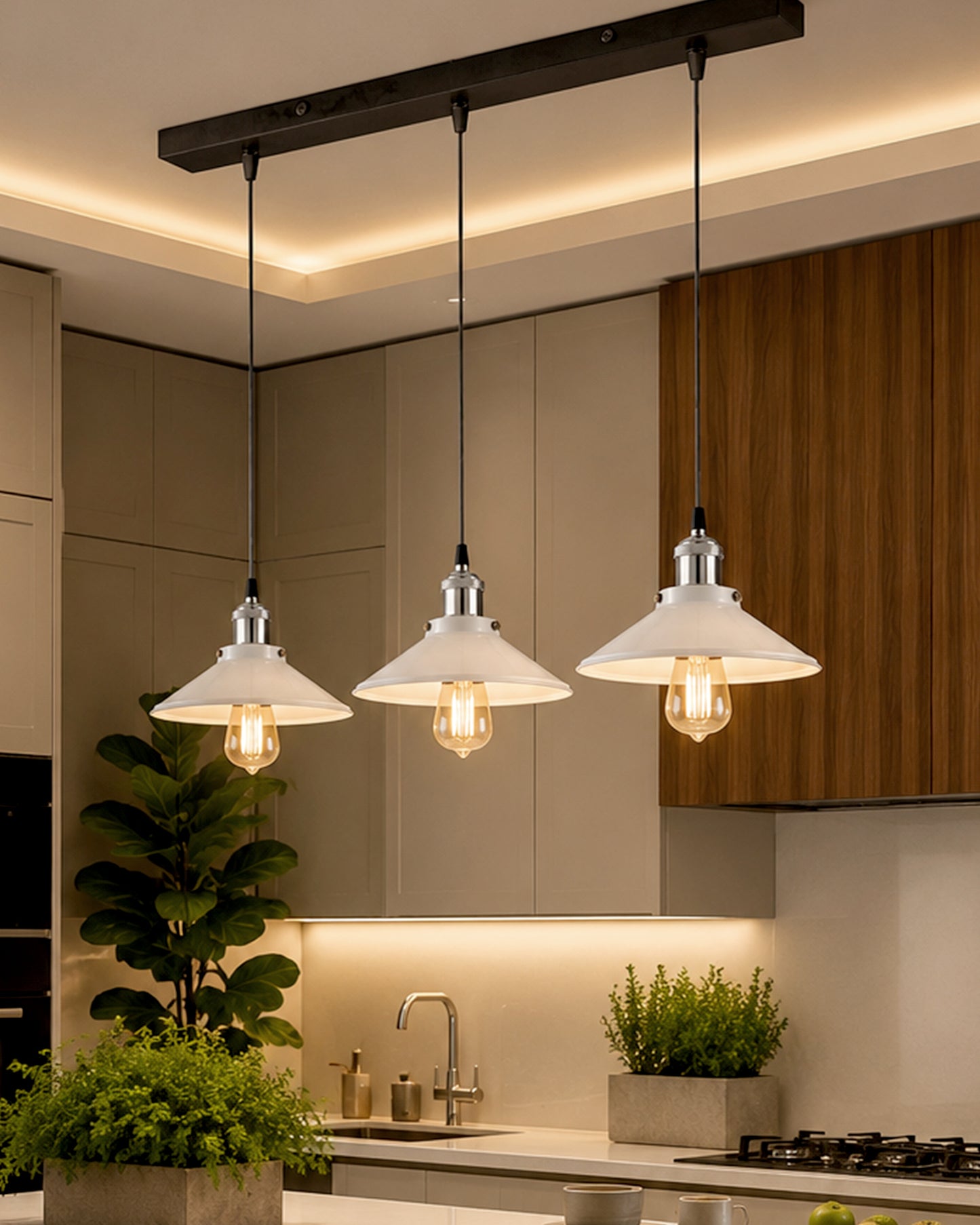 3-Lights Linear White Cone Shade Cluster Chandelier Hanging Light, Decorative, Black, Kitchen Area and Dining Room Light, LED/Filament Light