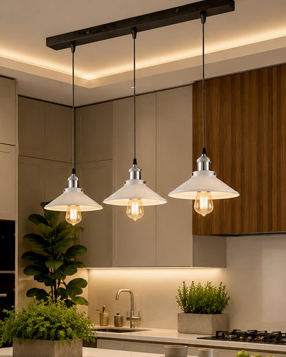3-Lights Linear White Cone Shade Cluster Chandelier Hanging Light, Decorative, Black, Kitchen Area and Dining Room Light, LED/Filament Light