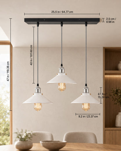 3-Lights Linear White Cone Shade Cluster Chandelier Hanging Light, Decorative, Black, Kitchen Area and Dining Room Light, LED/Filament Light