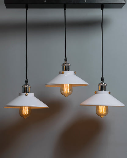3-Lights Linear White Cone Shade Cluster Chandelier Hanging Light, Decorative, Black, Kitchen Area and Dining Room Light, LED/Filament Light