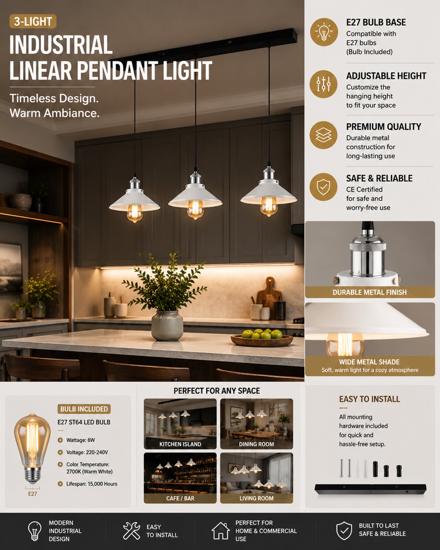 3-Lights Linear White Cone Shade Cluster Chandelier Hanging Light, Decorative, Black, Kitchen Area and Dining Room Light, LED/Filament Light