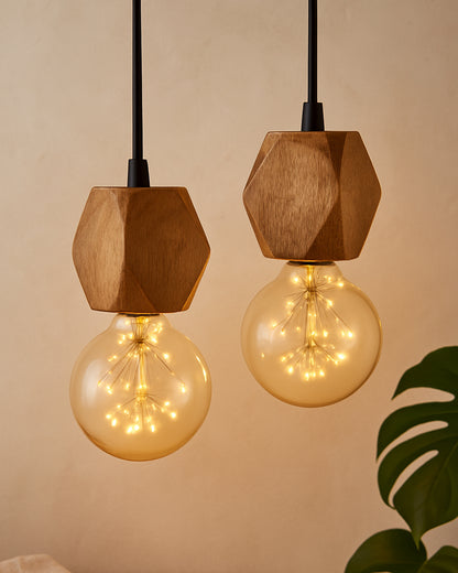 Wooden Finish Hanging Holder Lamp, Hexagon, Set of 2