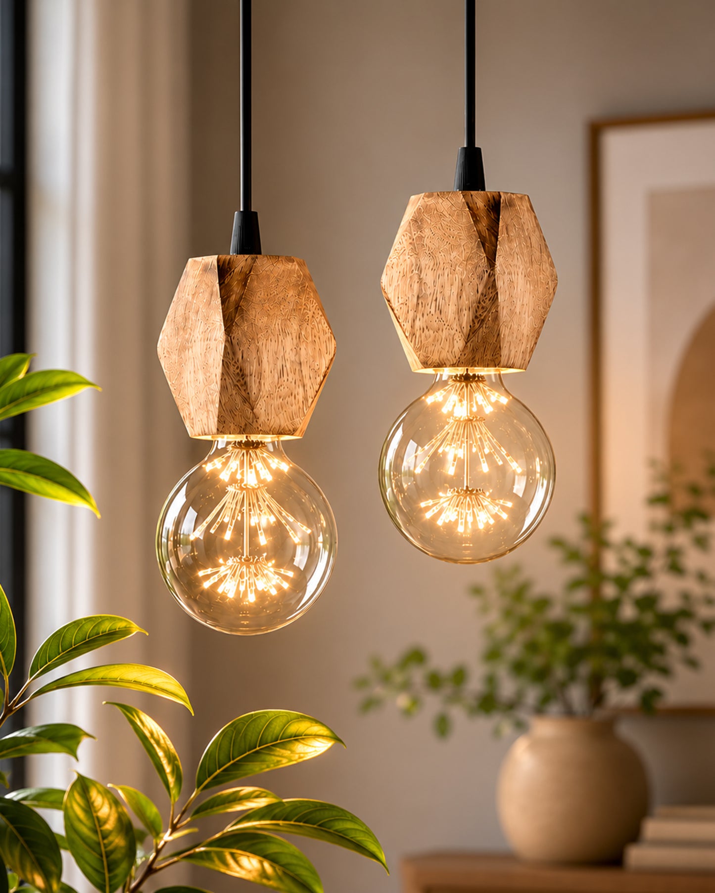 Wooden Finish Hanging Holder Lamp, Hexagon, Set of 2