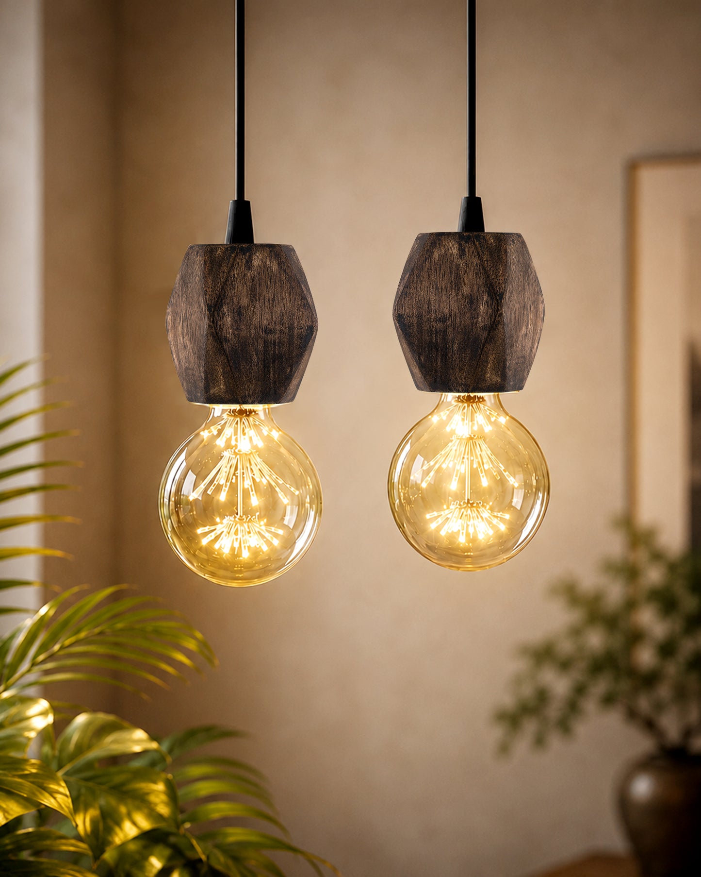 Wooden Finish Hanging Holder Lamp, Hexagon, Set of 2