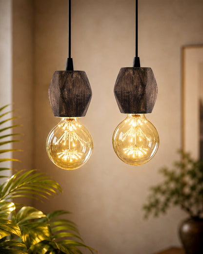 Wooden Finish Hanging Holder Lamp, Hexagon, Set of 2