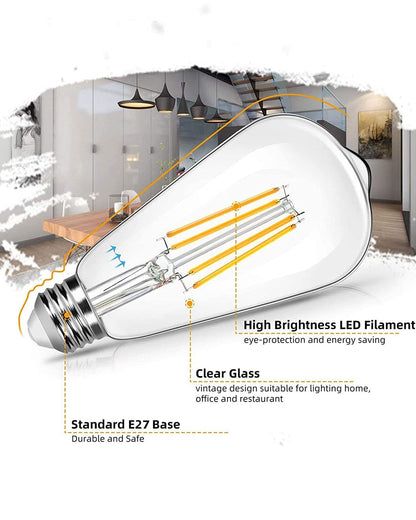 ST64 Pear Shape Filament LED Bulb, 4 Watt, Industrial Decorative Vintage Light Lamp, Set of 2