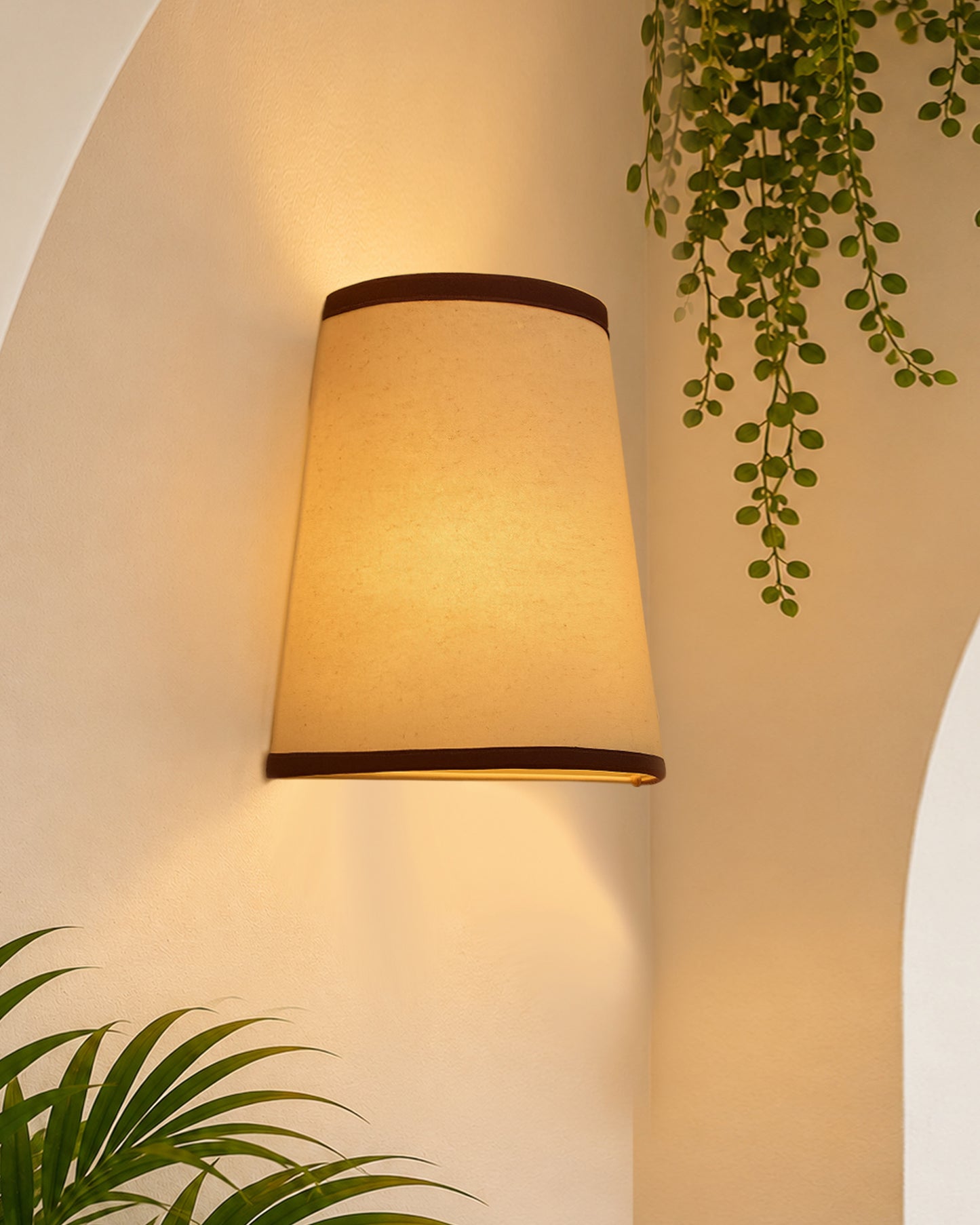 Wall Mounted Sconce Shade Lamp, Door Light E27, Khadi Fabric with Dark Brown Stripes, Cone, Modern Wall Light