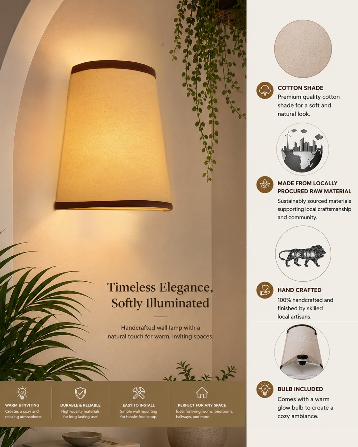 Wall Mounted Sconce Shade Lamp, Door Light E27, Khadi Fabric with Dark Brown Stripes, Cone, Modern Wall Light