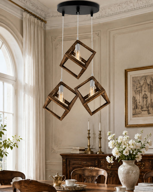 3-Lights Round Cluster Chandelier Modern Nordic Walnut Finish Wooden Pendant Cube Light with Silicone Holder, URBAN Retro, Nordic Style, LED/Filament Bulb