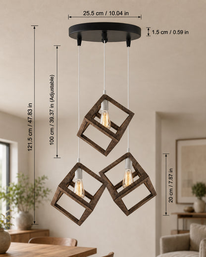 3-Lights Round Cluster Chandelier Modern Nordic Walnut Finish Wooden Pendant Cube Light with Silicone Holder, URBAN Retro, Nordic Style, LED/Filament Bulb