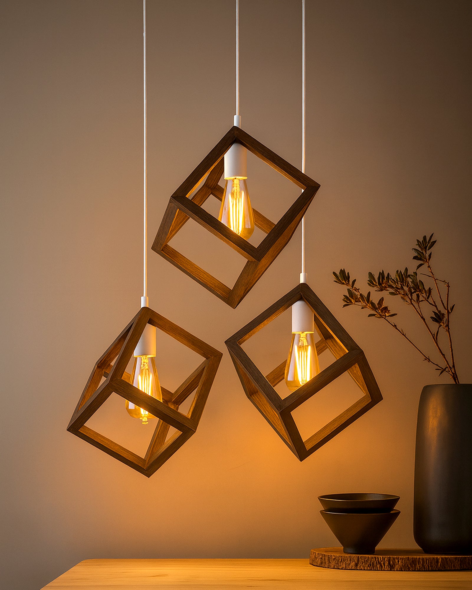 3-Lights Round Cluster Chandelier Modern Nordic Walnut Finish