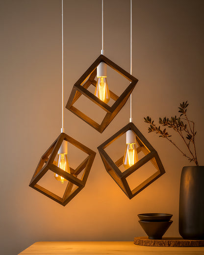 3-Lights Round Cluster Chandelier Modern Nordic Walnut Finish Wooden Pendant Cube Light with Silicone Holder, URBAN Retro, Nordic Style, LED/Filament Bulb