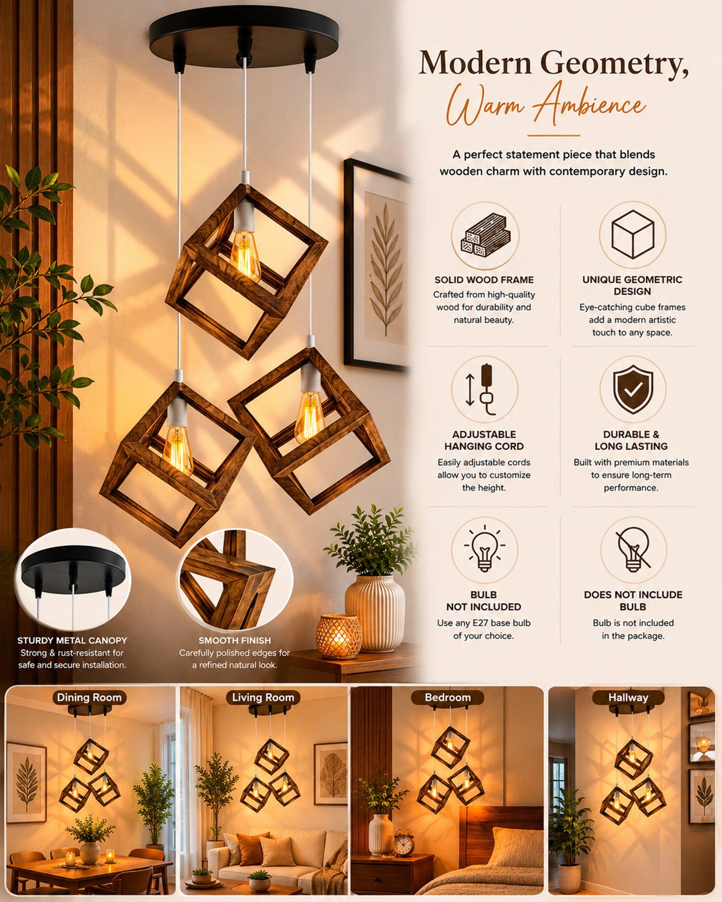 3-Lights Round Cluster Chandelier Modern Nordic Walnut Finish Wooden Pendant Cube Light with Silicone Holder, URBAN Retro, Nordic Style, LED/Filament Bulb