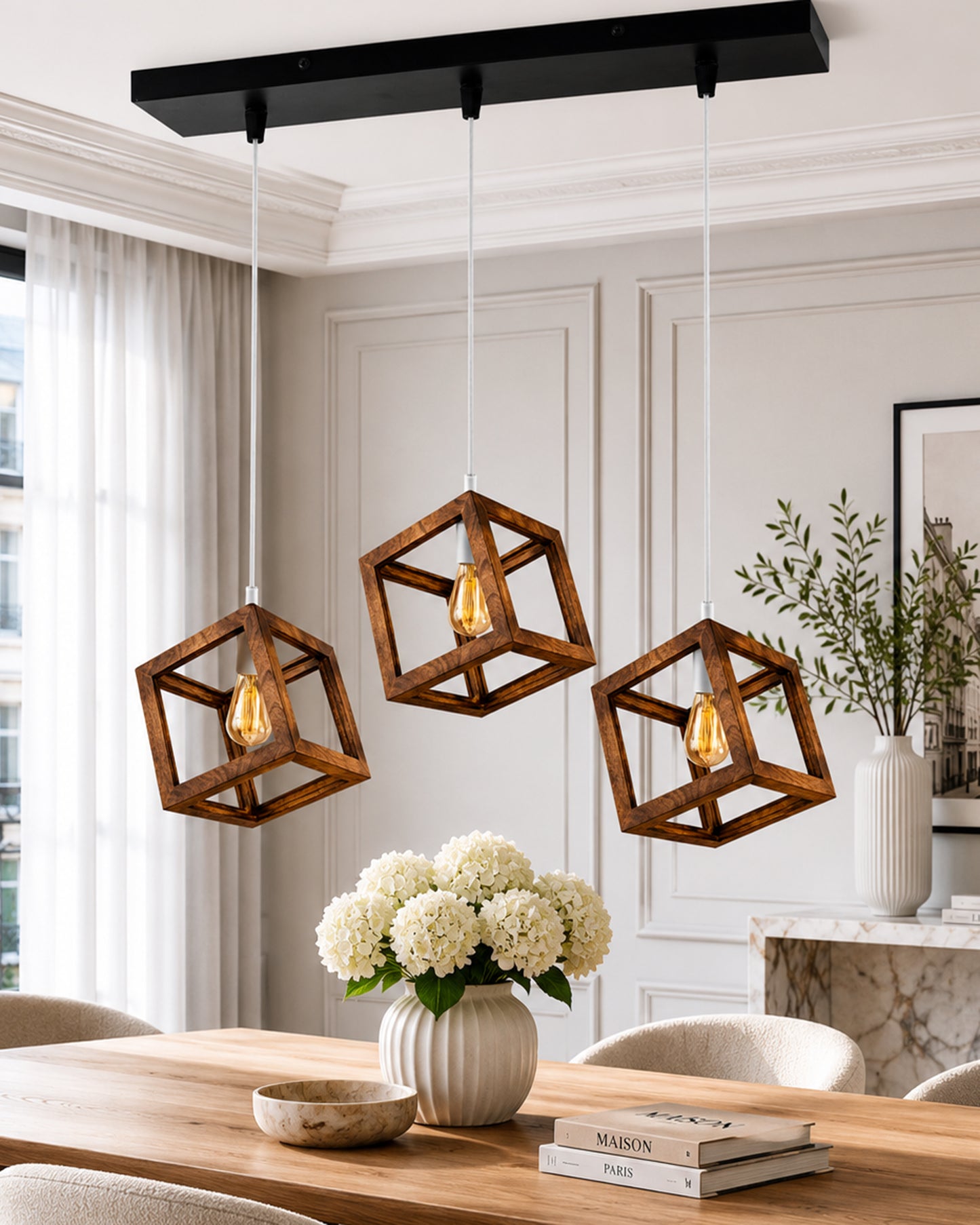 3-Lights Linear Cluster Chandelier Modern Nordic Walnut Finish Wooden Pendant Cube Light with Silicone Holder Pendant Light, Kitchen Area and Dining Room Light, LED/Filament Light