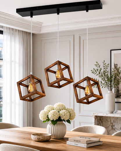 3-Lights Linear Cluster Chandelier Modern Nordic Walnut Finish Wooden Pendant Cube Light with Silicone Holder Pendant Light, Kitchen Area and Dining Room Light, LED/Filament Light