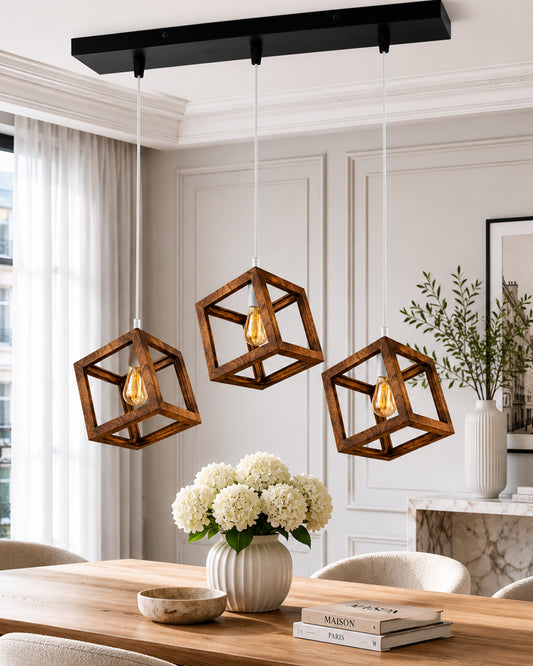 3-Lights Linear Cluster Chandelier Modern Nordic Walnut Finish Wooden Pendant Cube Light with Silicone Holder Pendant Light, Kitchen Area and Dining Room Light, LED/Filament Light