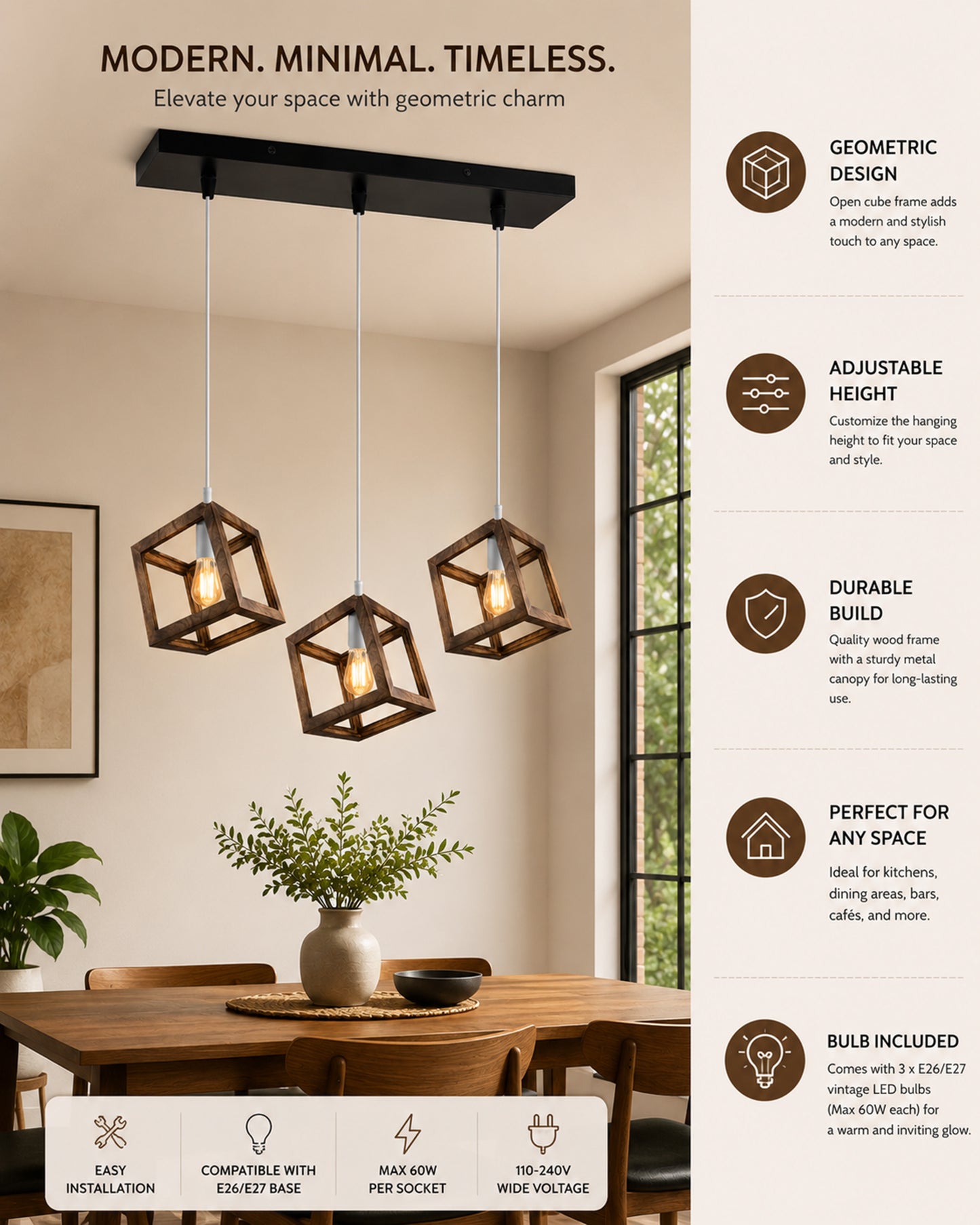 3-Lights Linear Cluster Chandelier Modern Nordic Walnut Finish Wooden Pendant Cube Light with Silicone Holder Pendant Light, Kitchen Area and Dining Room Light, LED/Filament Light