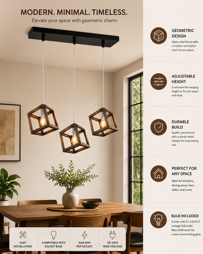 3-Lights Linear Cluster Chandelier Modern Nordic Walnut Finish Wooden Pendant Cube Light with Silicone Holder Pendant Light, Kitchen Area and Dining Room Light, LED/Filament Light