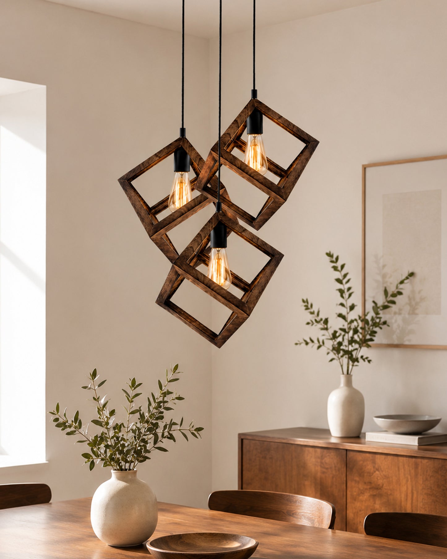 3-Lights Round Cluster Chandelier Modern Nordic Walnut Finish Wooden Pendant Cube Light with Silicone Holder, URBAN Retro, Nordic Style, LED/Filament Bulb