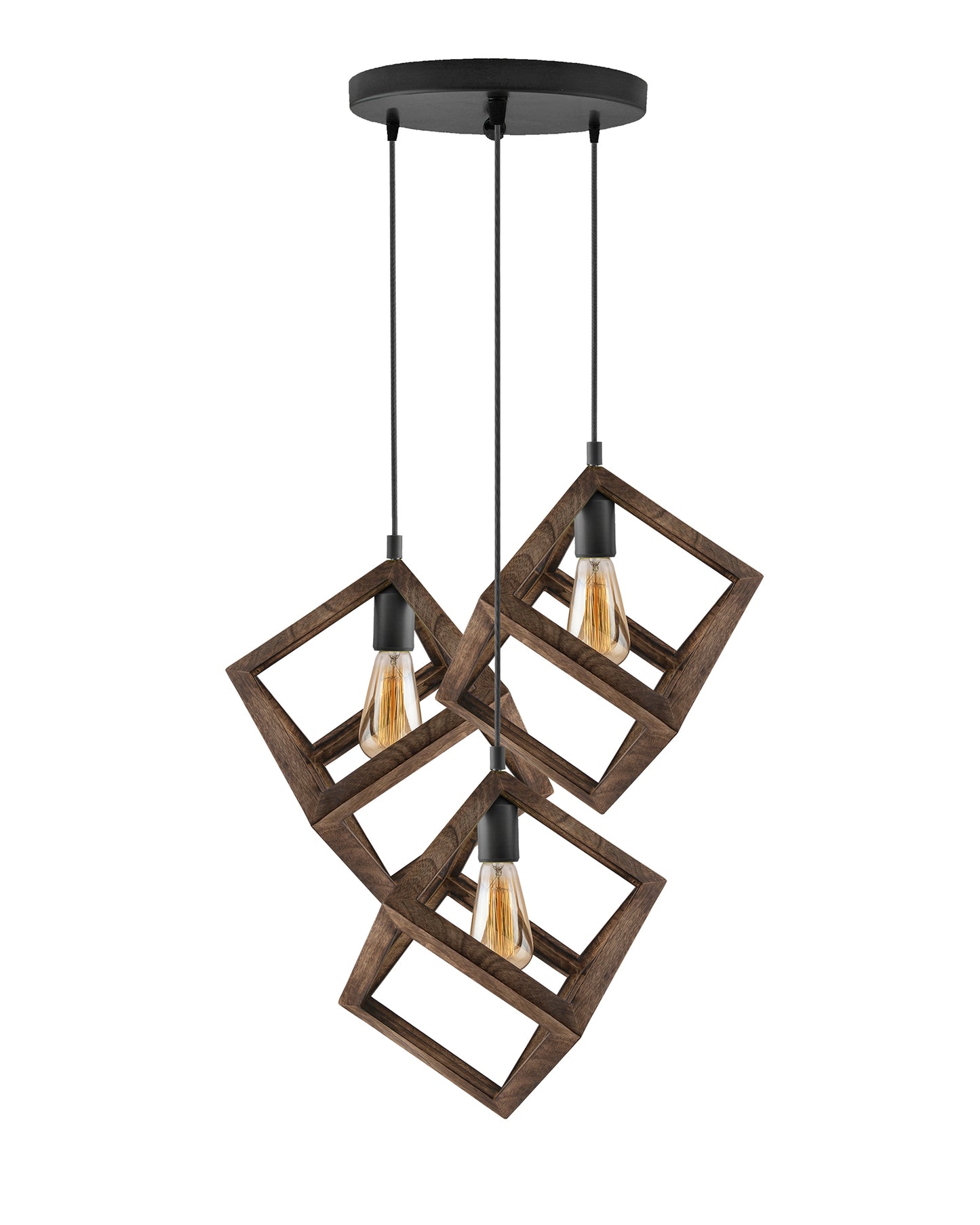 3-Lights Round Cluster Chandelier Modern Nordic Walnut Finish Wooden Pendant Cube Light with Silicone Holder, URBAN Retro, Nordic Style, LED/Filament Bulb