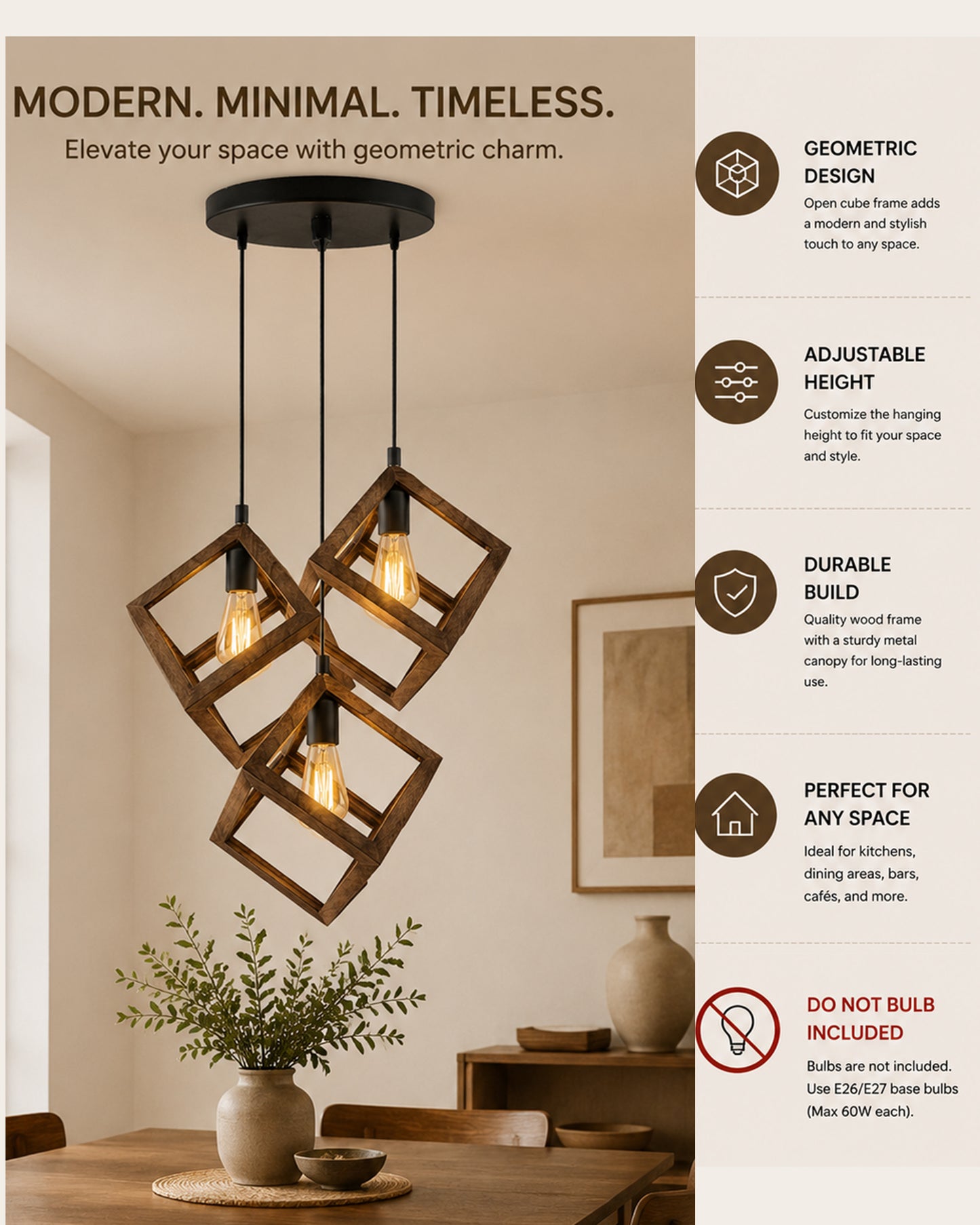 3-Lights Round Cluster Chandelier Modern Nordic Walnut Finish Wooden Pendant Cube Light with Silicone Holder, URBAN Retro, Nordic Style, LED/Filament Bulb