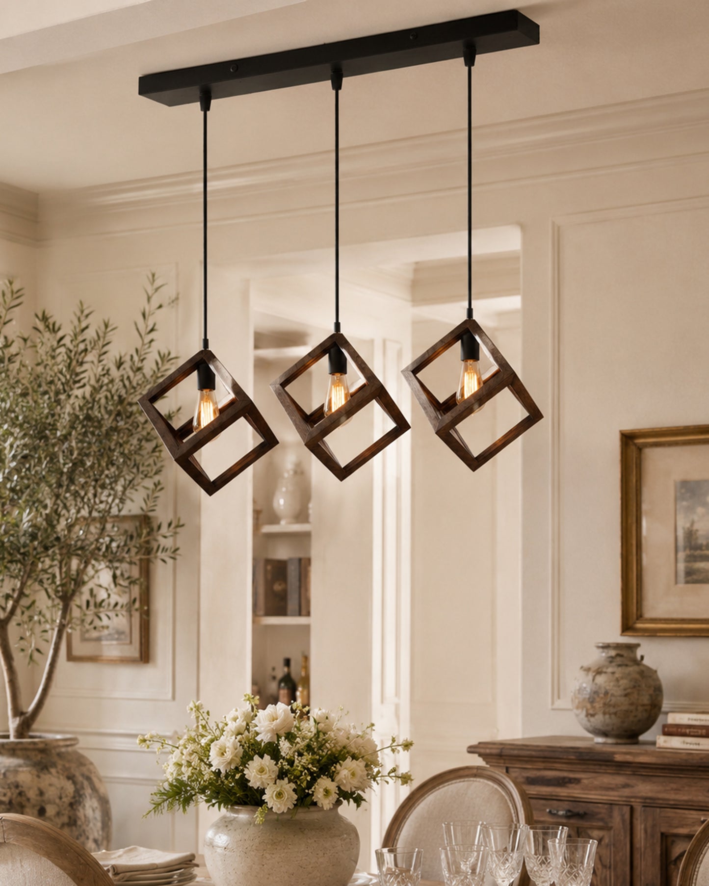 3-Lights Linear Cluster Chandelier Modern Nordic Walnut Finish Wooden Pendant Cube Light with Silicone Holder Pendant Light, Kitchen Area and Dining Room Light, LED/Filament Light
