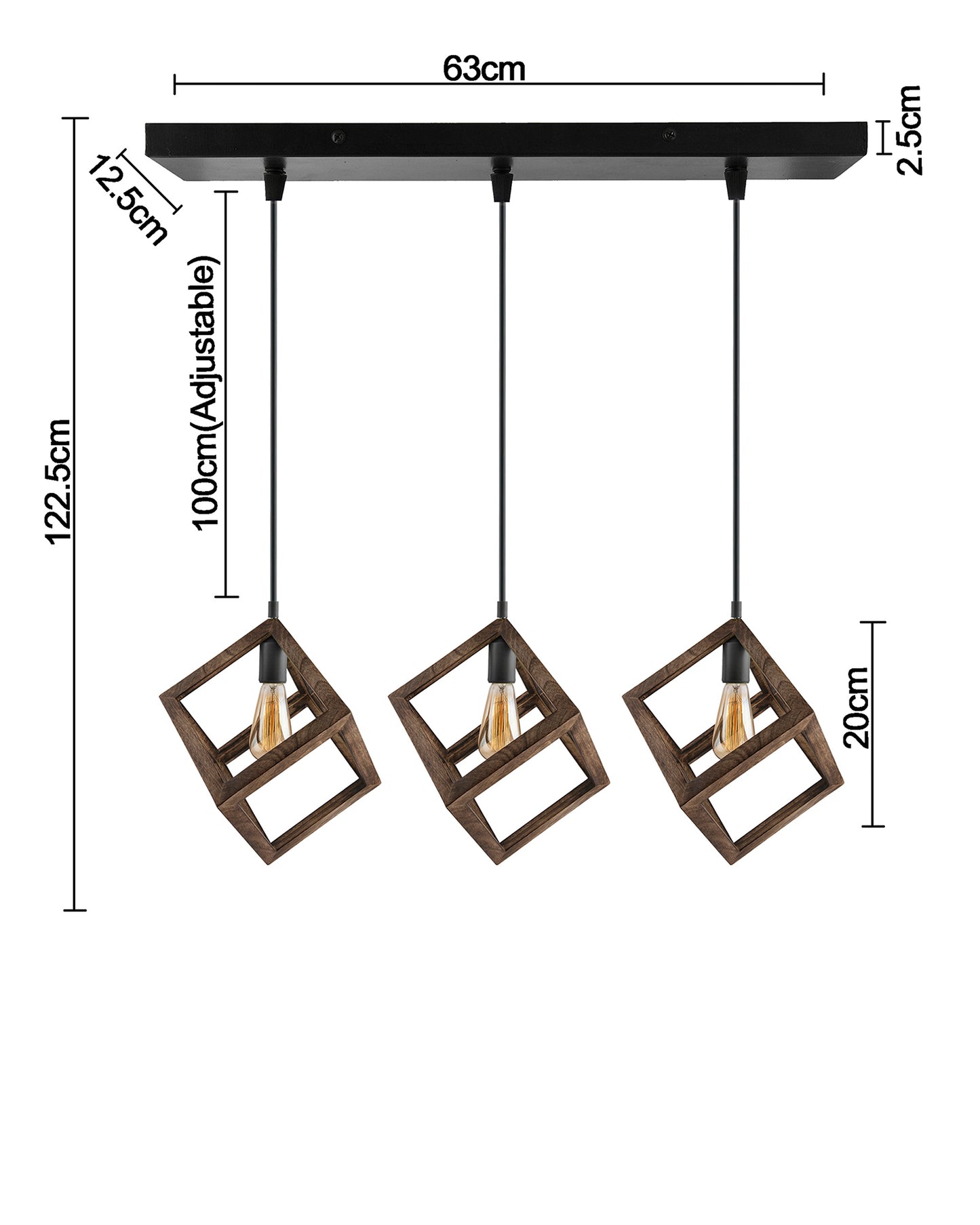 3-Lights Linear Cluster Chandelier Modern Nordic Walnut Finish Wooden Pendant Cube Light with Silicone Holder Pendant Light, Kitchen Area and Dining Room Light, LED/Filament Light