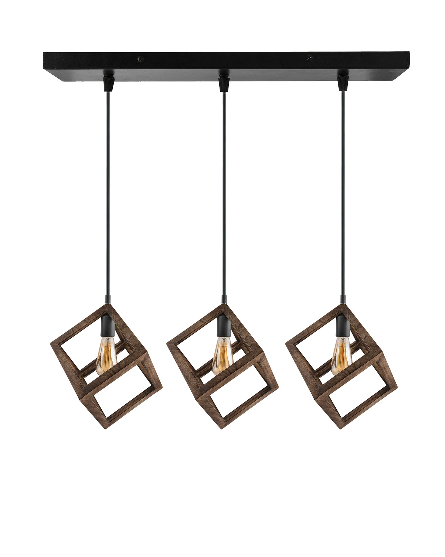 3-Lights Linear Cluster Chandelier Modern Nordic Walnut Finish Wooden Pendant Cube Light with Silicone Holder Pendant Light, Kitchen Area and Dining Room Light, LED/Filament Light